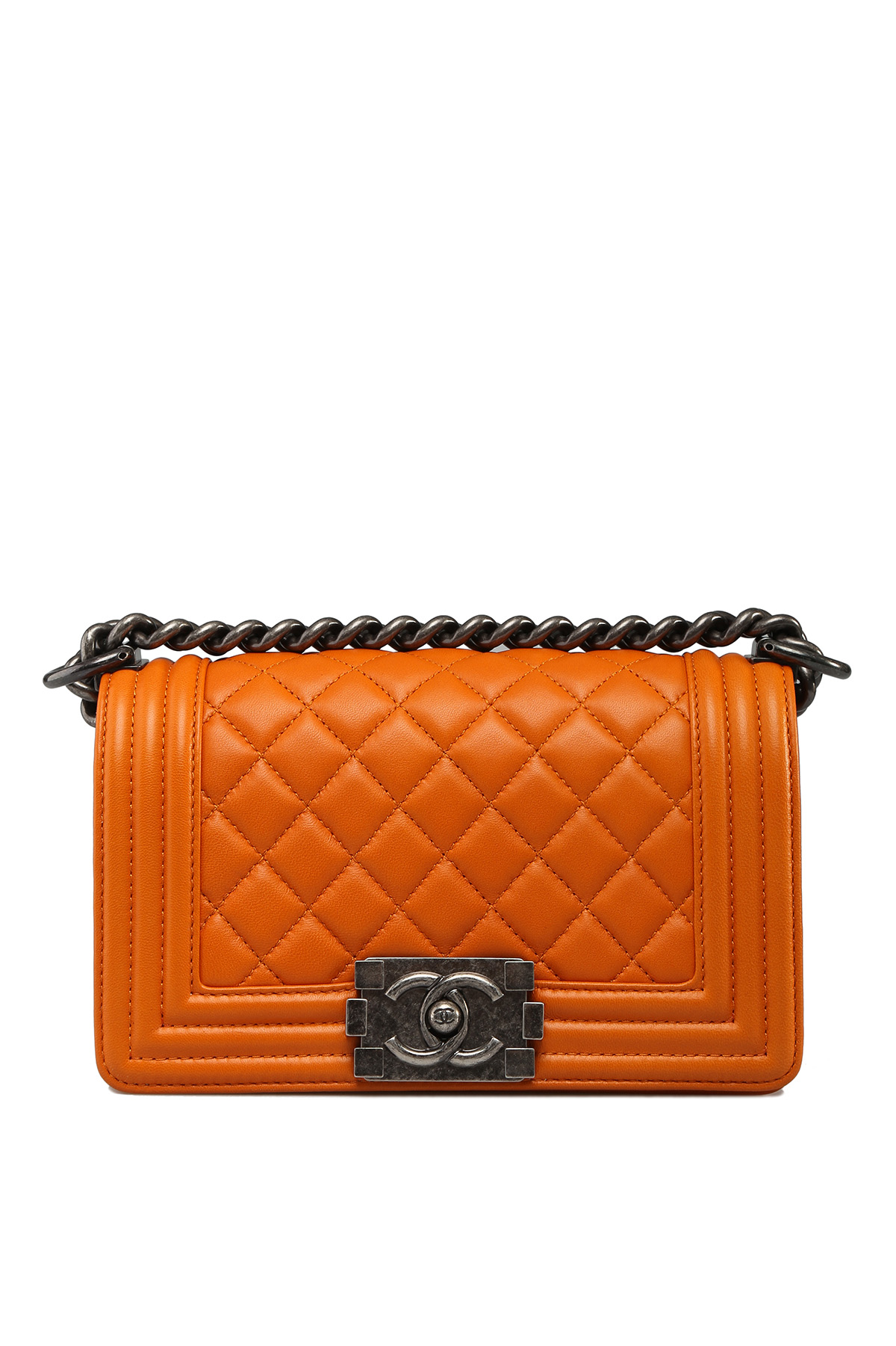 Chanel Small Boy Bag in Orange Lambskin with Ruthenium Hardware